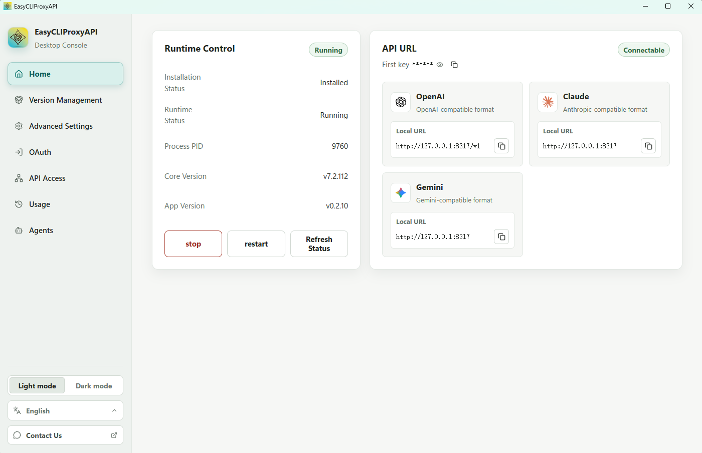 EasyCLIProxyAPI English desktop management interface